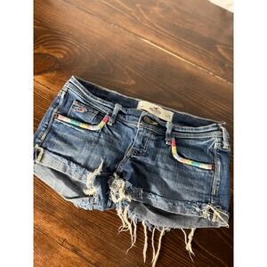 Hollister Micro Denim Shorts W25 Size 1 Embroidered Frayed Cut Off Blue Y2K